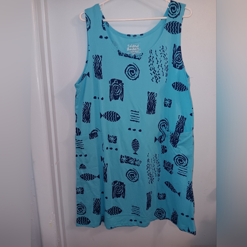 Island Beach Blue Sleeveless Dress Pockets Tropical Design Resort Wear